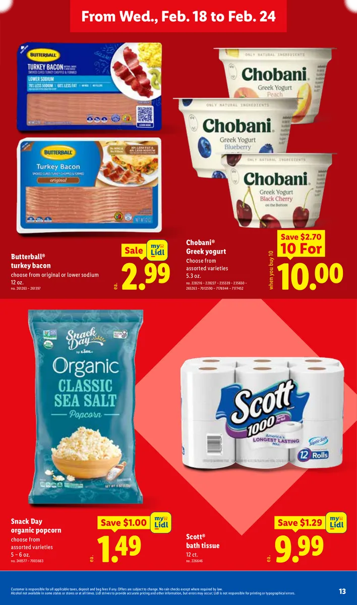Lidl ad featuring bath tissue, turkey bacon, Greek yogurt, and organic popcorn.