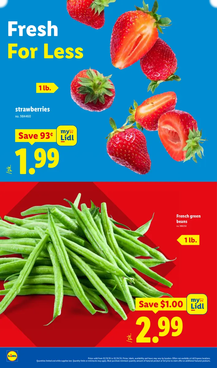 Lidl ad highlighting savings on strawberries and French green beans.