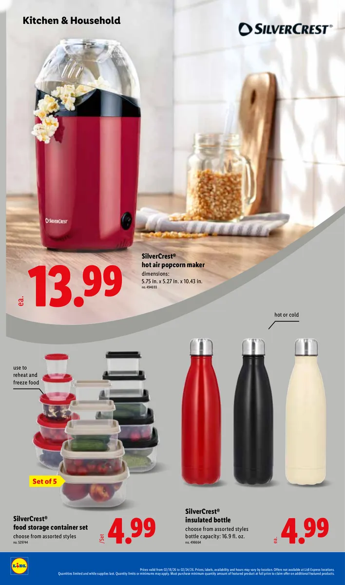 Lidl ad featuring Silvercrest popcorn maker, storage containers, and insulated bottle.