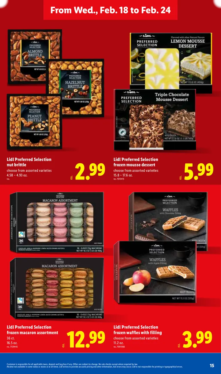Lidl ad featuring Lidl Preferred Selection nut brittle, macarons, mousse dessert, and waffles.