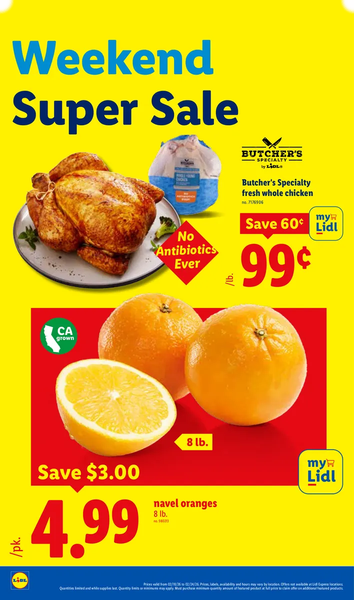 Lidl ad featuring chicken and navel oranges on sale.