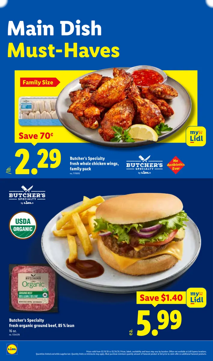Lidl ad featuring chicken wings, organic ground beef, and main dish options.