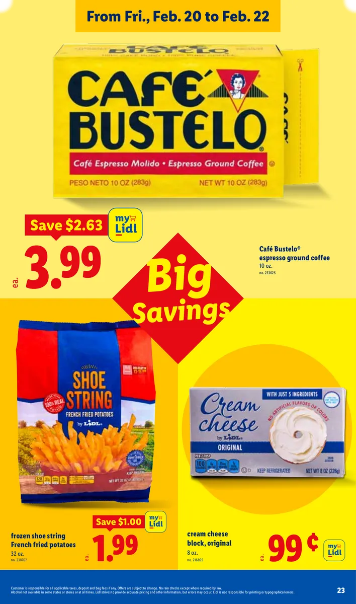 Lidl ad featuring cream cheese, espresso coffee, and frozen french fries on sale.