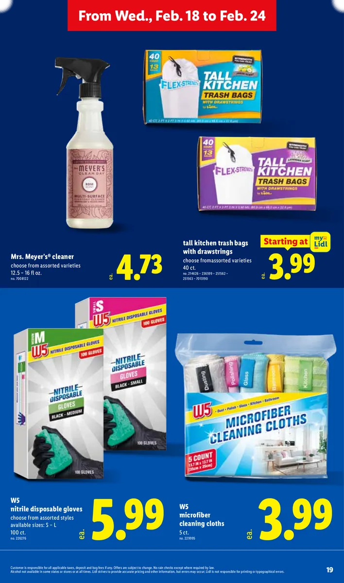 Lidl ad featuring cleaning supplies like cleaner, trash bags, gloves, and cloths.