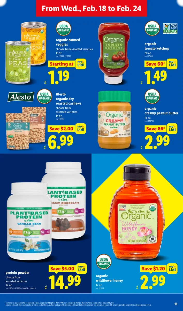 Lidl ad featuring organic canned veggies, ketchup, cashews, honey, peanut butter, protein powder, and chicken sausage.