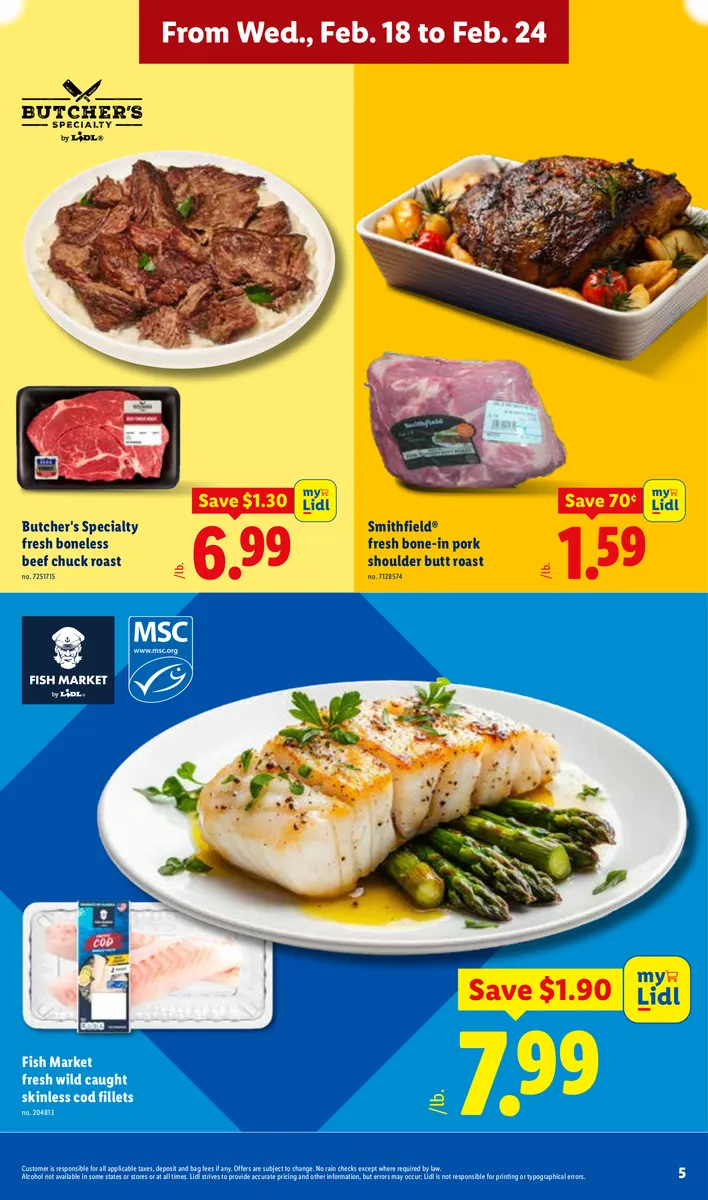Lidl ad promoting fresh cod fillets, pork shoulder, and beef chuck roast.