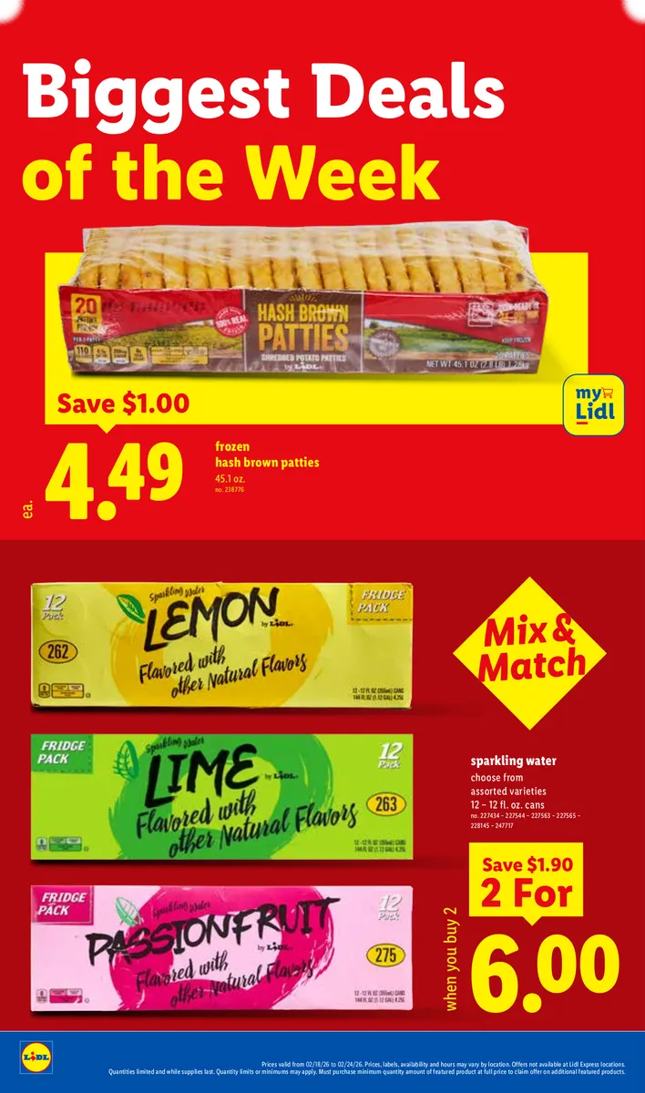 Lidl ad highlighting frozen hash browns and sparkling water deals.