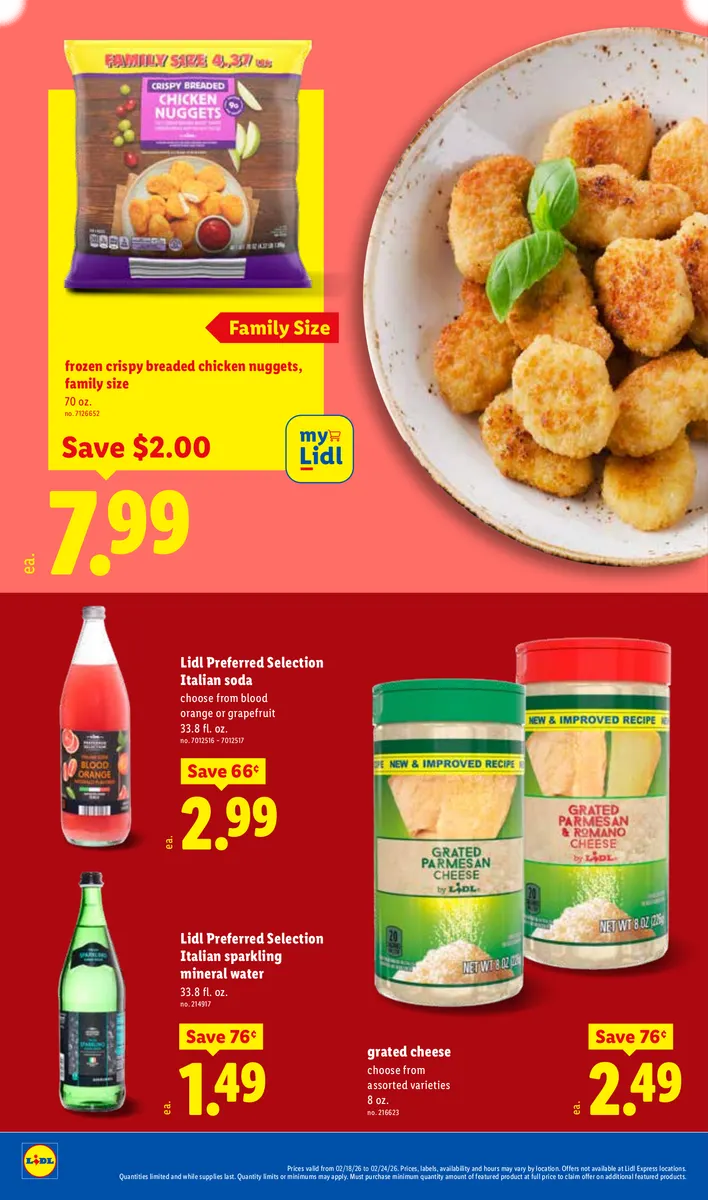 Lidl ad showcasing Italian soda, grated cheese, sparkling water, and frozen chicken nuggets.