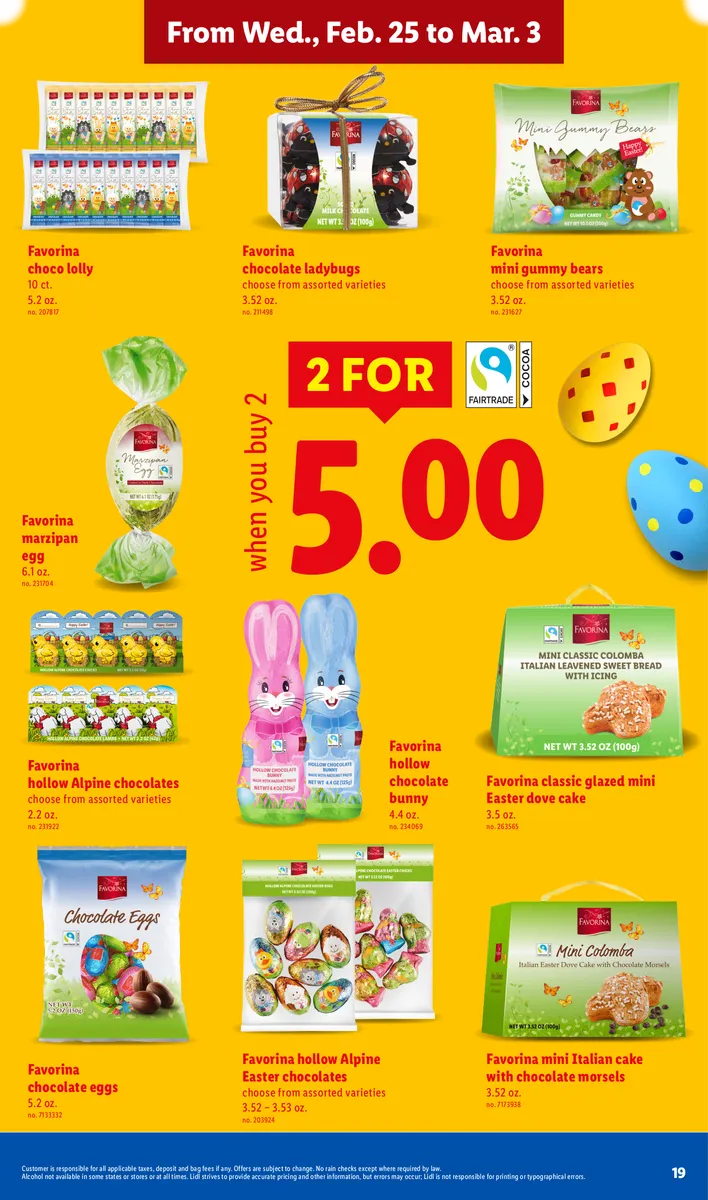 Promotion of Easter chocolates and candies, with disclaimers.
