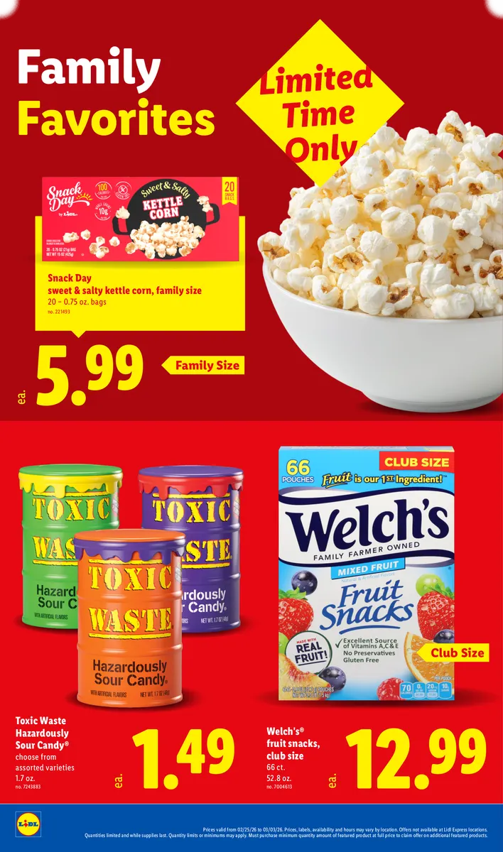 Promotion of snack items like kettle corn, sour candy, and fruit snacks, with disclaimers.