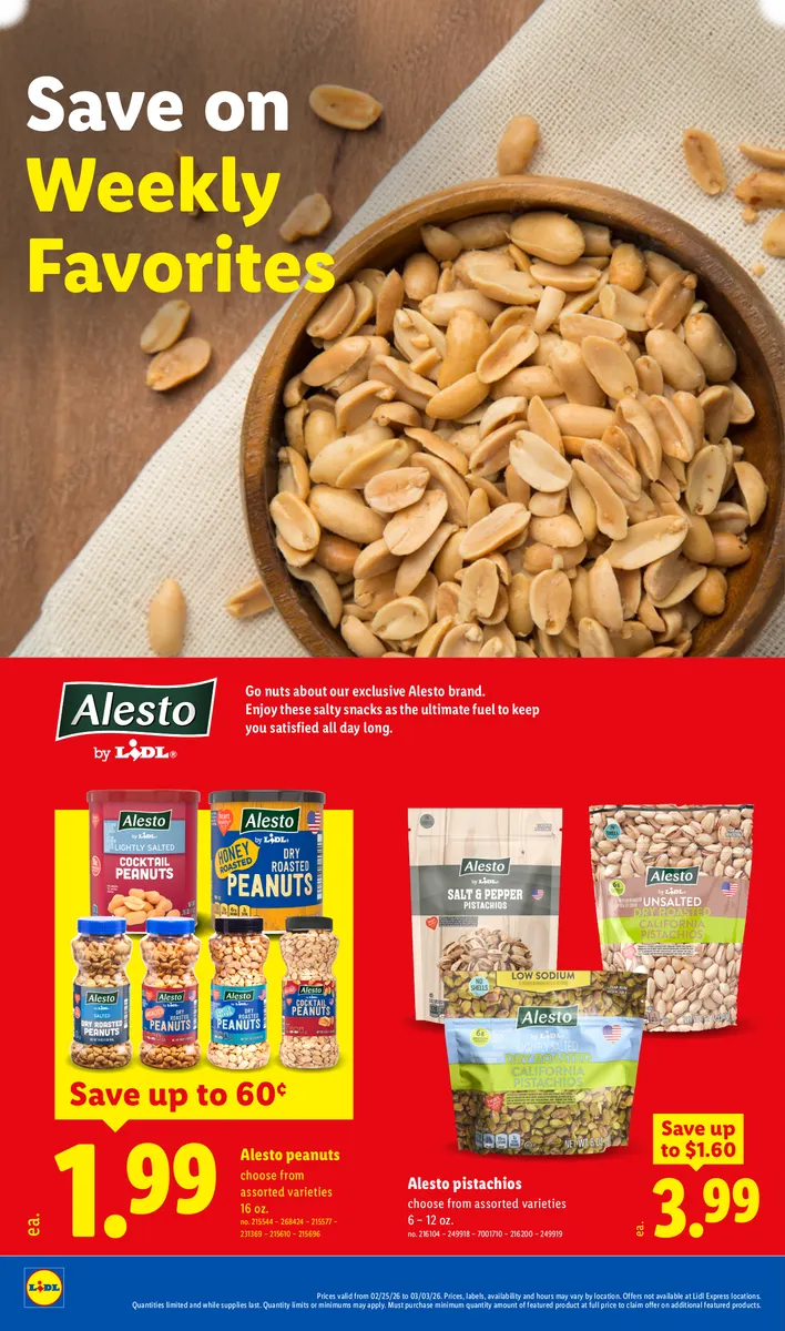 Savings on nuts and salty snacks, including peanuts and pistachios, with disclaimers.