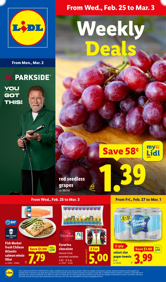 Lidl weekly deals on paper towels, salmon, grapes, and chocolate, with disclaimers.