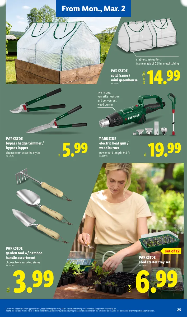 Promotion of gardening tools and equipment, including cold frames and weed burners, with disclaimers.