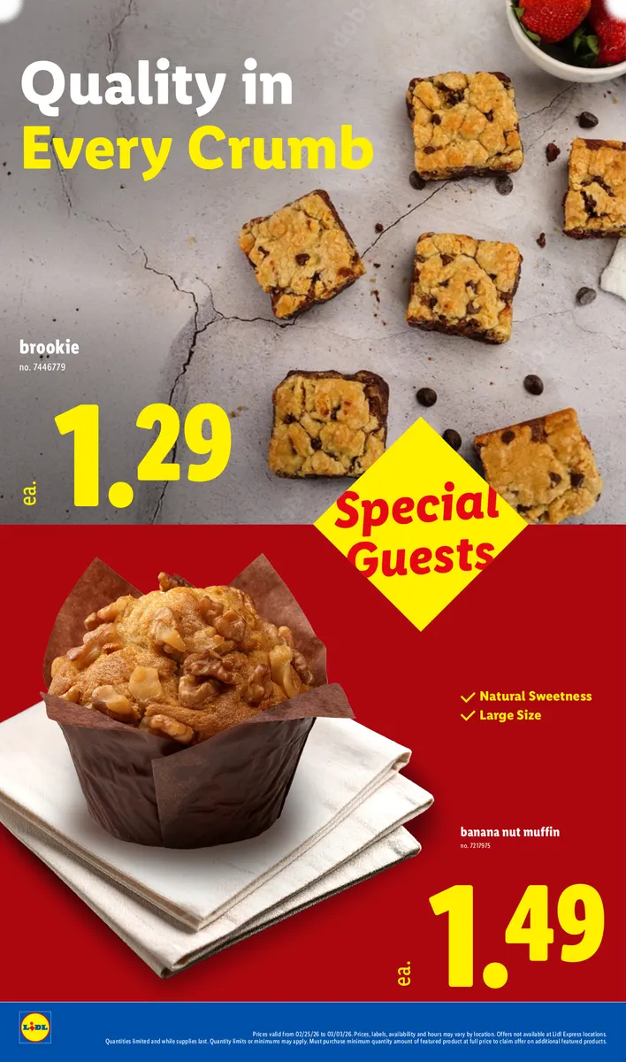 Promotion of bakery items like banana nut muffins and brookies, with disclaimers.