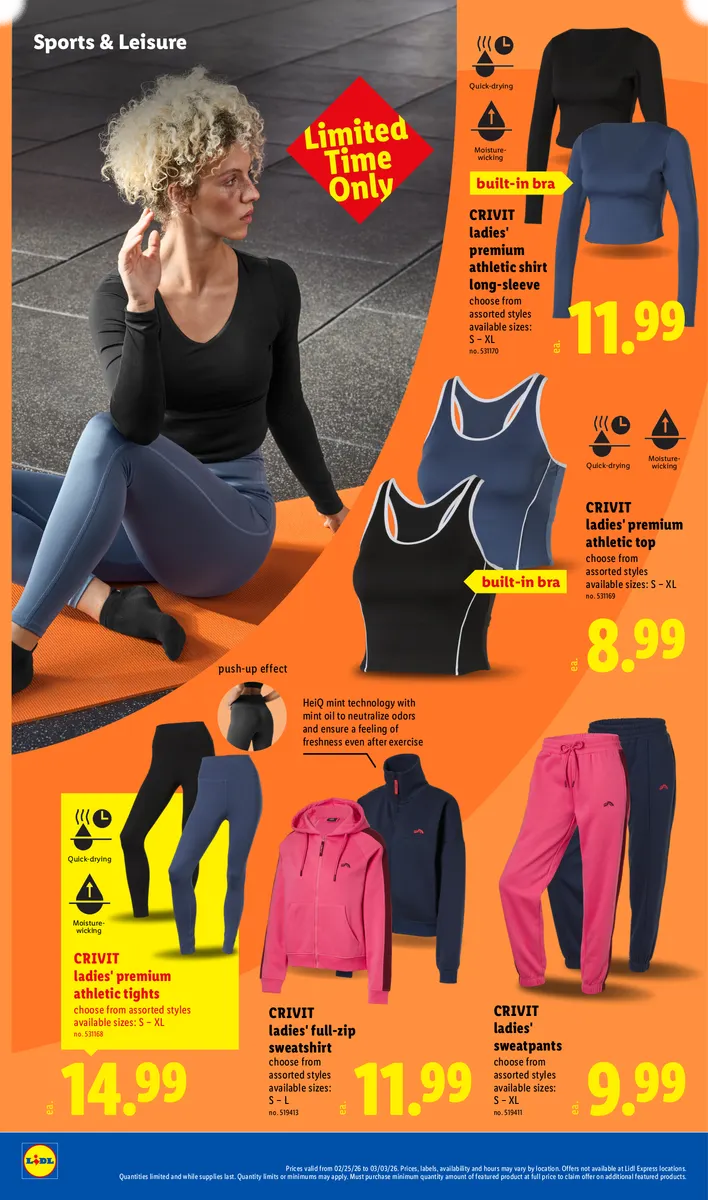 Promotion of Crivit ladies' athletic tights, shirts, and other activewear, with disclaimers.