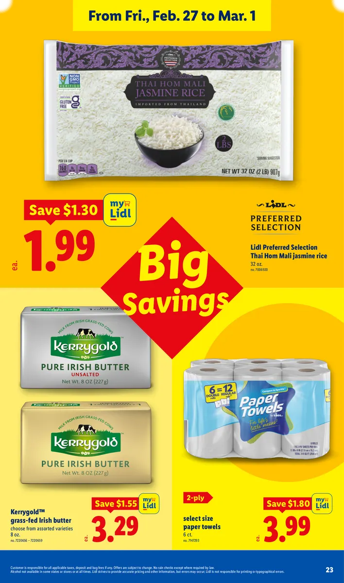 Savings on jasmine rice, Irish butter, and paper towels, with disclaimers.