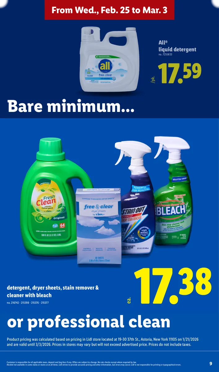 Savings on cleaning products like detergent, dryer sheets, and bleach, with disclaimers.