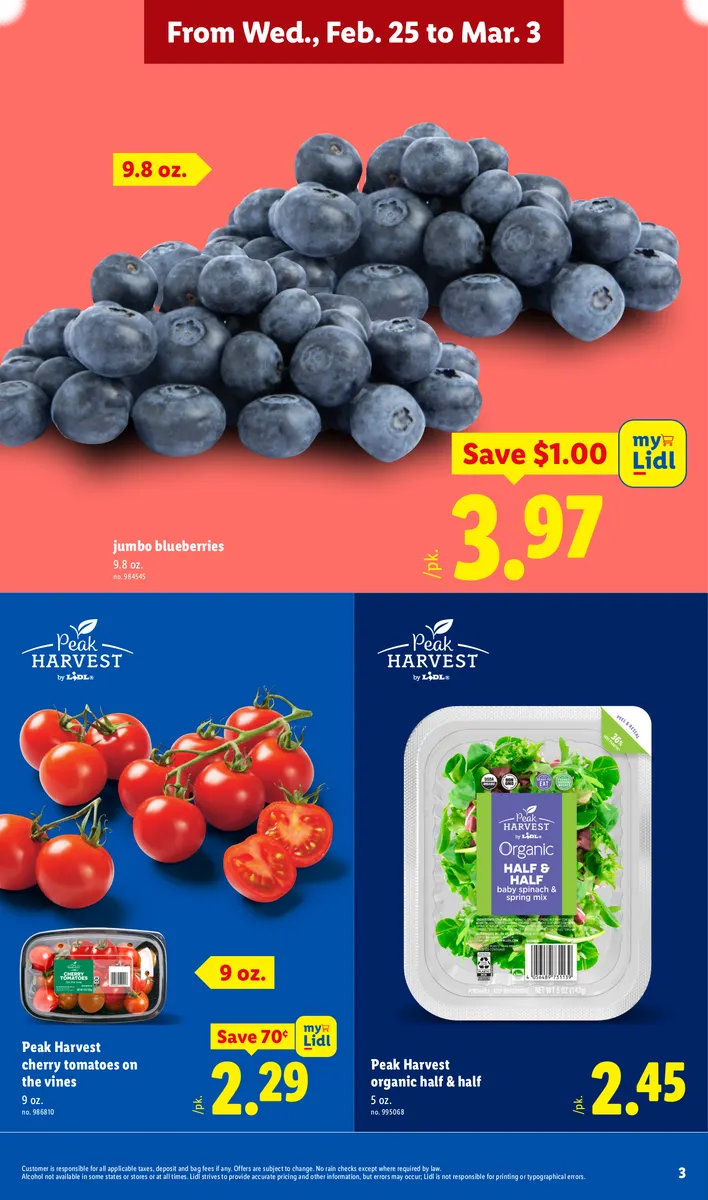 Savings on organic produce like grapes, blueberries, and cherry tomatoes, with disclaimers.