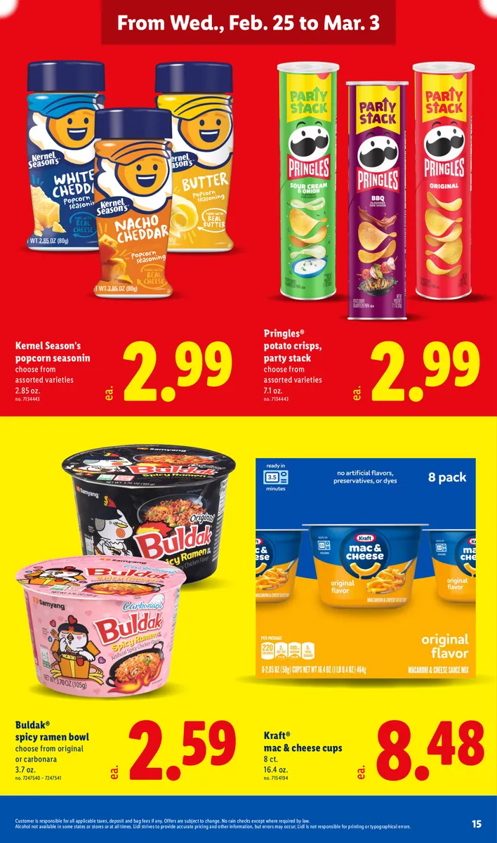 Promotion of snack items like popcorn seasoning, potato crisps, mac & cheese, and ramen, with disclaimers.