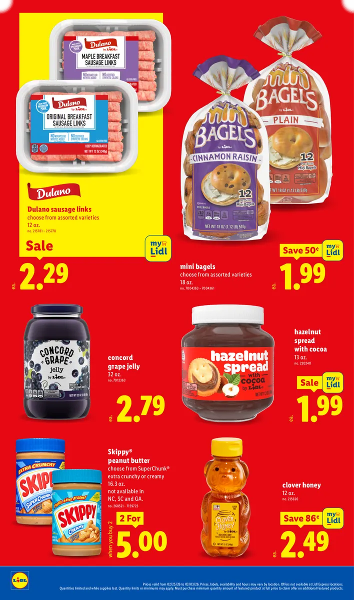 Savings on peanut butter, hazelnut spread, bagels, jelly, honey, and sausage, with disclaimers.