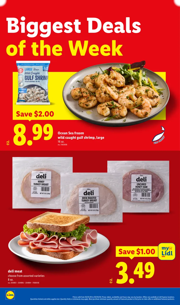 Savings on frozen shrimp and deli meat, with disclaimers.