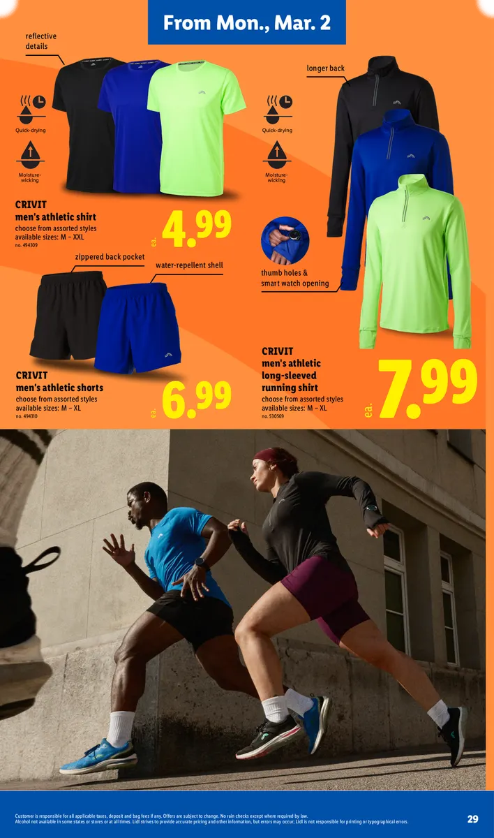 Promotion of Crivit men's athletic shirts, shorts, and other activewear, with disclaimers.