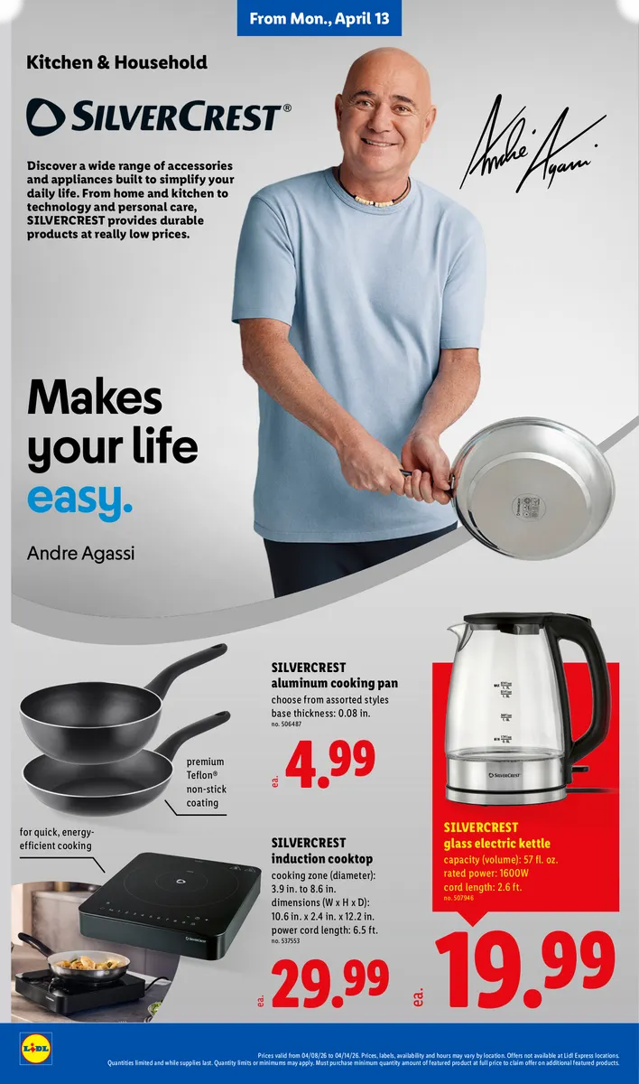 Savings on a Silvercrest electric kettle and aluminum cooking pans, promoting kitchen appliances and accessories.