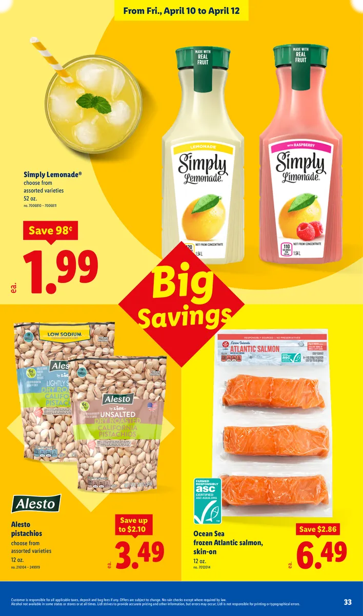 Savings on pistachios, frozen salmon, and lemonade, with disclaimers.