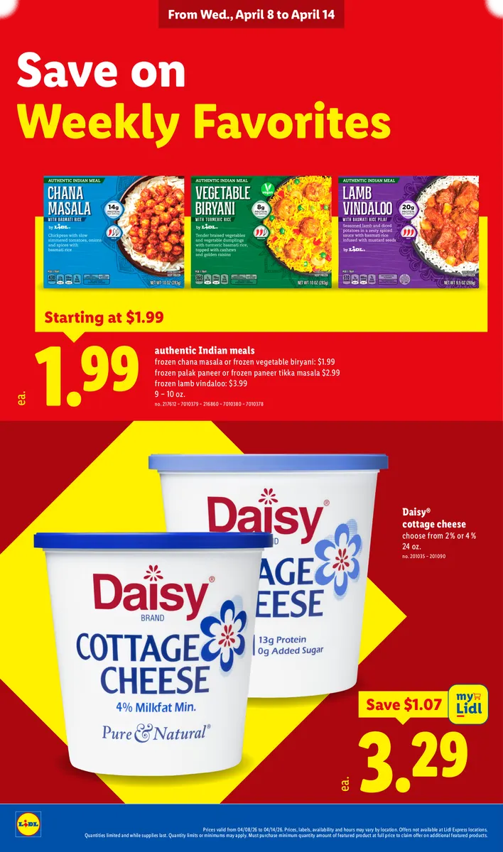 Savings on authentic Indian meals and Daisy cottage cheese.
