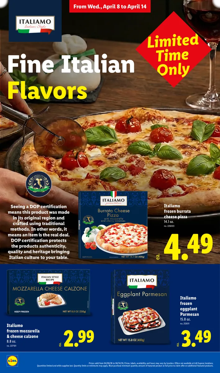 Italiamo frozen pizza and other Italian specialties, emphasizing DOP certification and product authenticity.