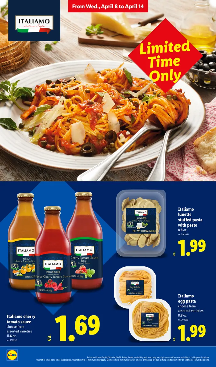 Italiamo cherry tomato sauce and egg pasta, promoting limited-time April offers.