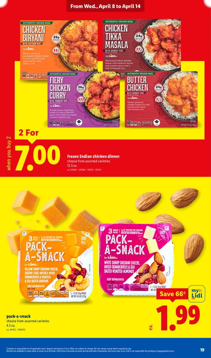 Savings on frozen Indian chicken dinners and snacks, with disclaimers.
