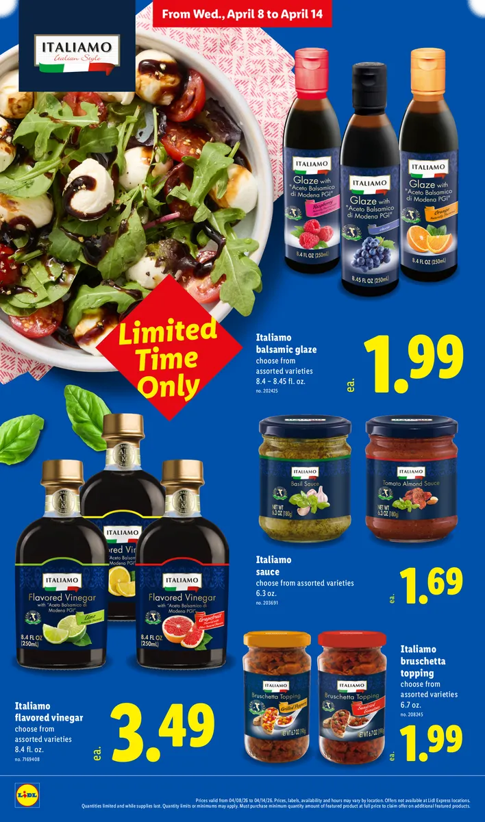 Italiamo balsamic glaze and bruschetta topping, highlighting limited-time April offers.