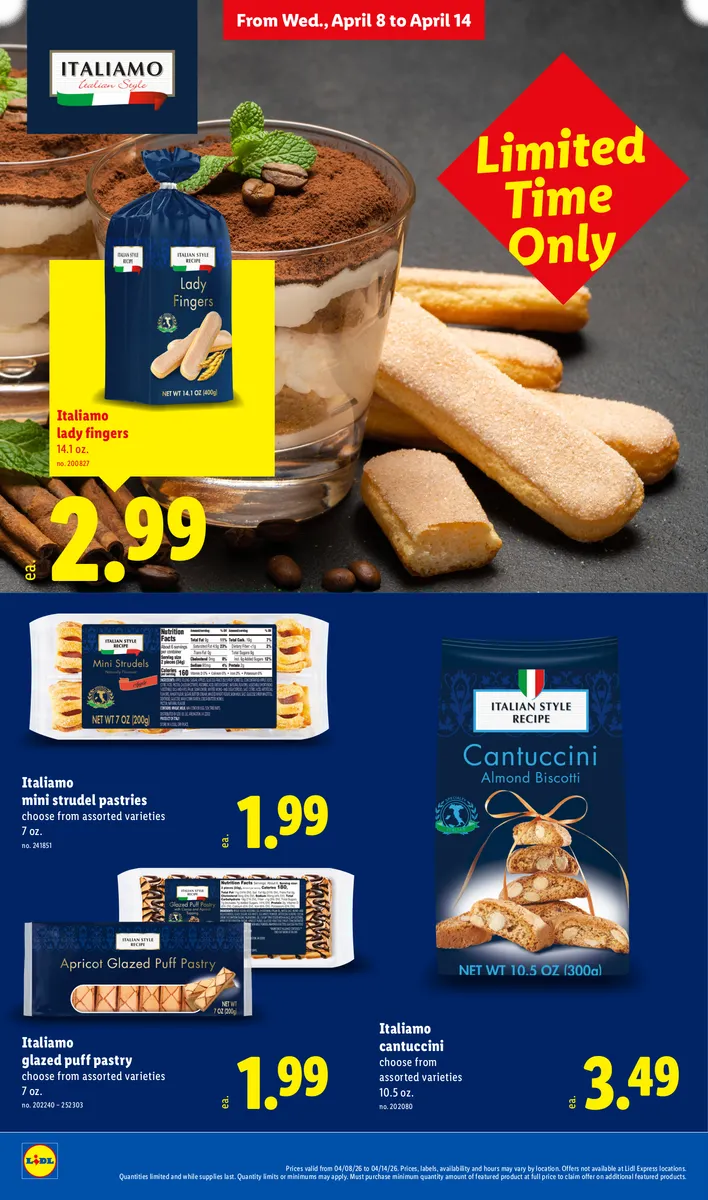 Italiamo mini strudel pastries, cantuccini, and lady fingers, highlighting limited-time April offers.