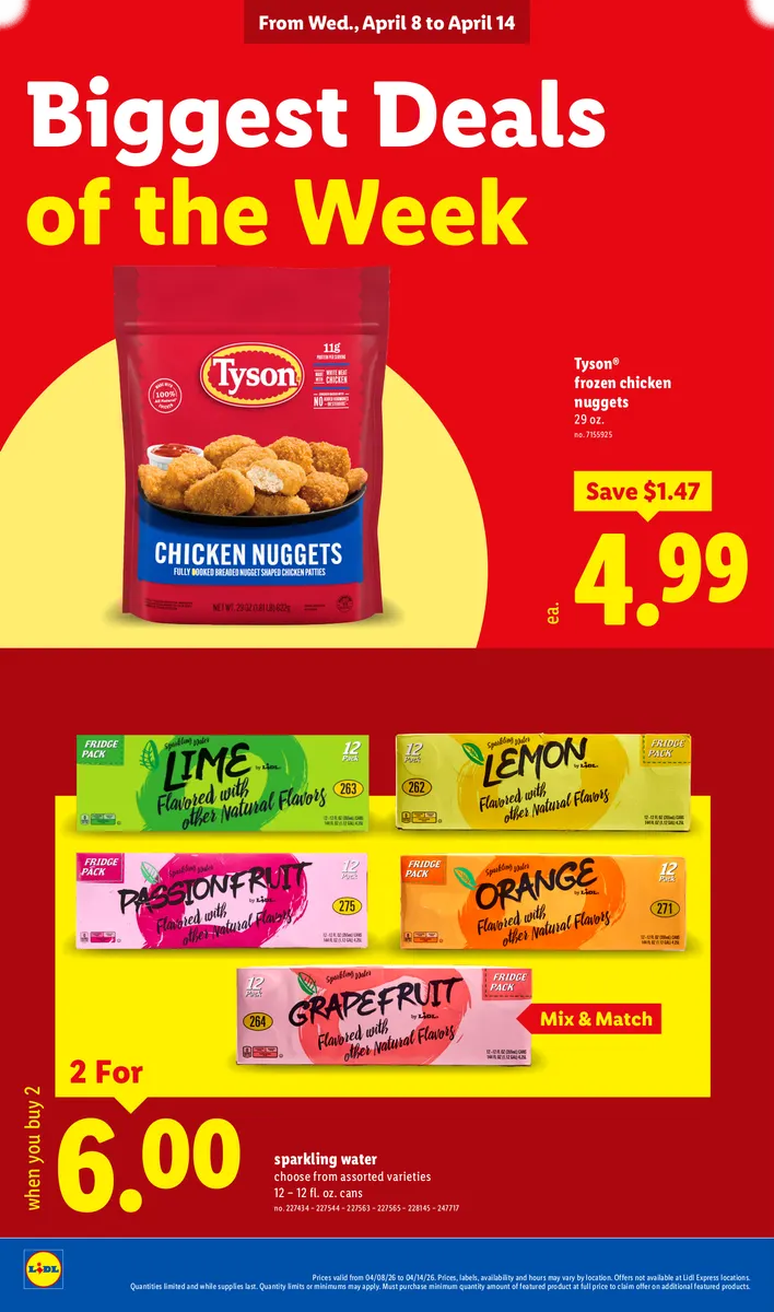 Savings on frozen chicken nuggets and sparkling water, promoting a mix-and-match deal.