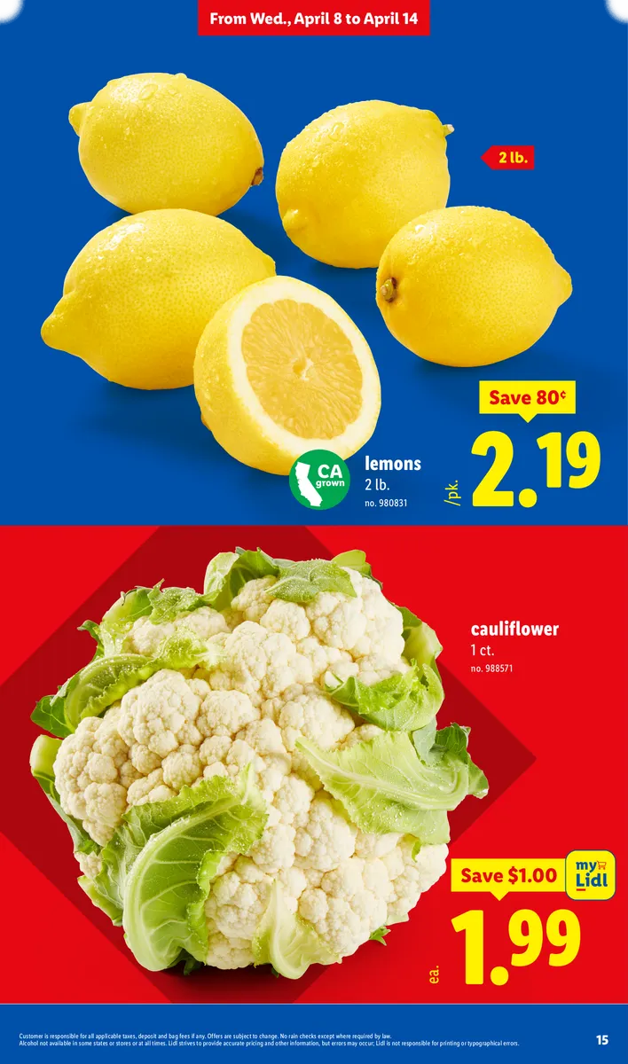 Savings on lemons and cauliflower, with disclaimers.