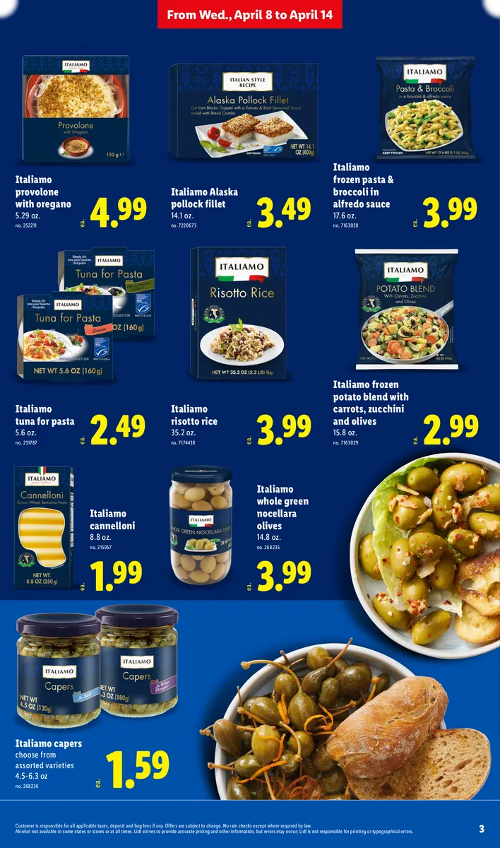 Italiamo frozen foods and ingredients, including Alaska Pollock, tuna pasta, and assorted vegetables, with disclaimers.