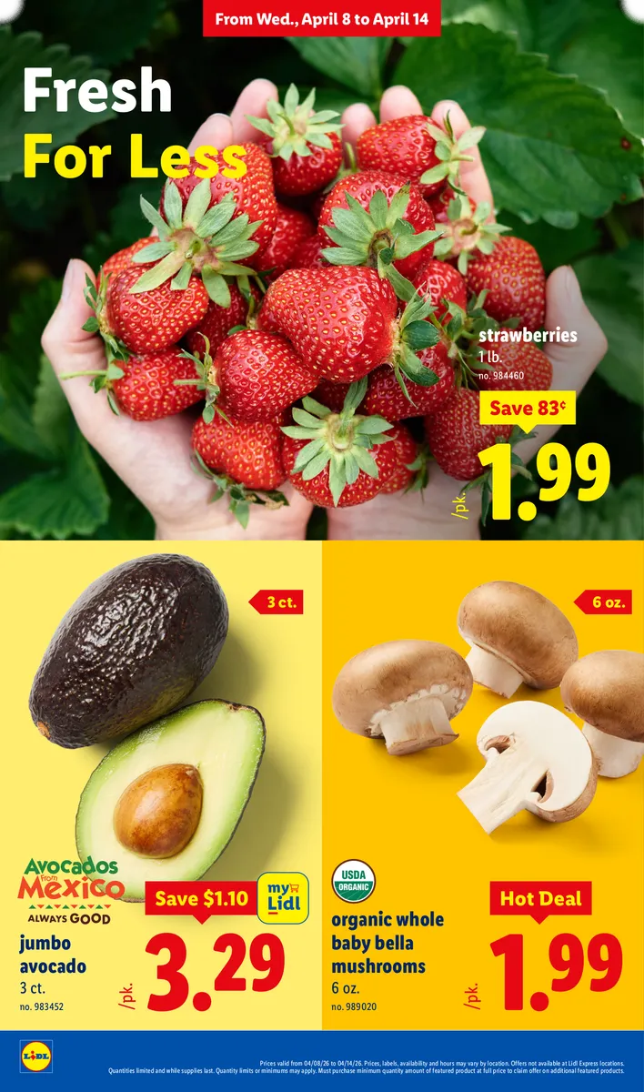 Savings on fresh produce, including strawberries, mushrooms, and avocados.