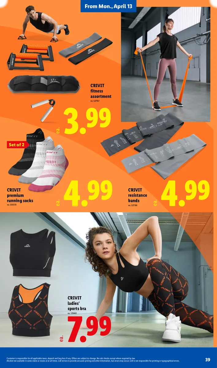 Savings on Crivit ladies' sports bras, running socks, and fitness accessories, with disclaimers.