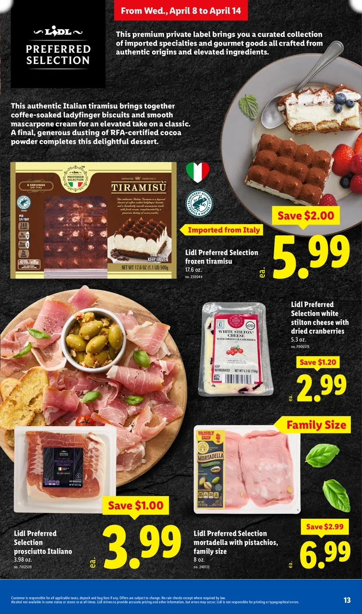 Lidl Preferred Selection of imported Italian specialties, including prosciutto, cheese, and tiramisu, with disclaimers.