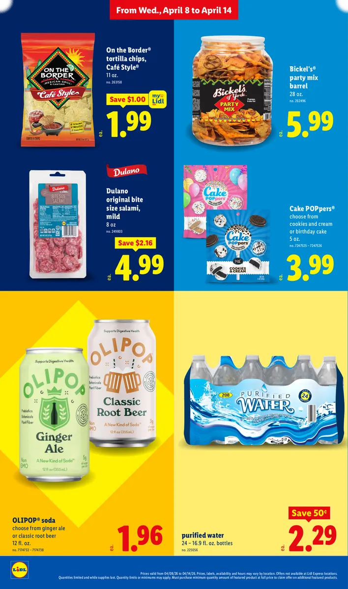 Savings on tortilla chips, salami, cake poppers, water, soda, and party mix.