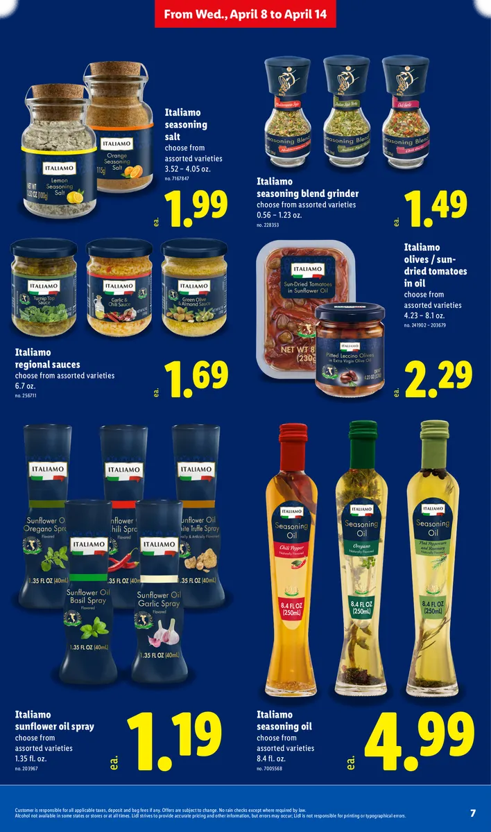 Italiamo seasoning salt, regional sauces, and sunflower oil spray, with disclaimers.