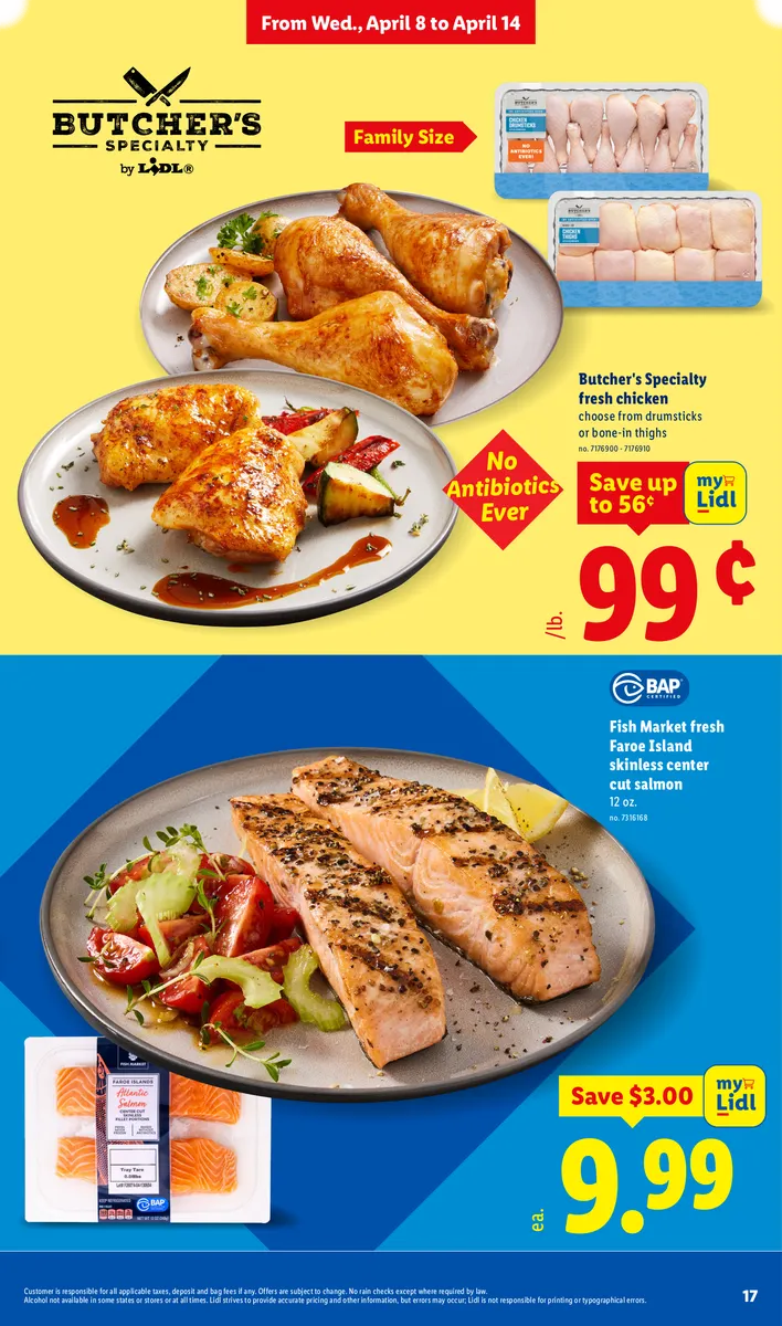 Savings on fresh salmon and chicken, including Faroe Island salmon and Butcher's Specialty chicken.