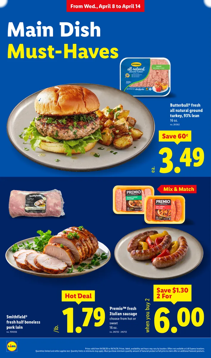 Savings on fresh sausage, ground turkey, and pork loin, promoting a mix-and-match deal.