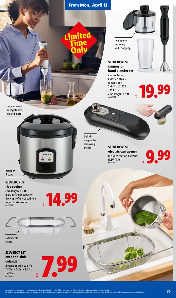 Savings on a Silvercrest rice cooker, sink colander, and immersion blender, with disclaimers.