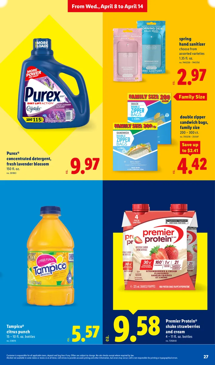 Savings on Tampico punch, Premier Protein shakes, Purex detergent, hand sanitizer, and sandwich bags, with disclaimers.