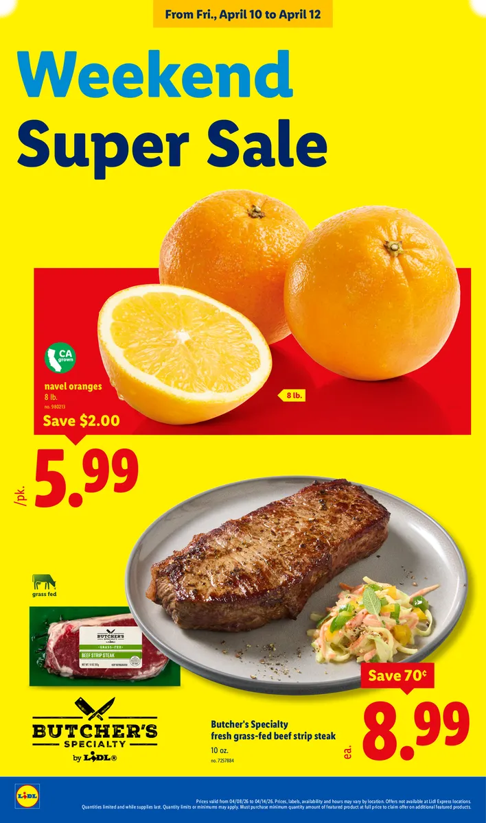 Savings on navel oranges and Butcher's Specialty beef strip steak.