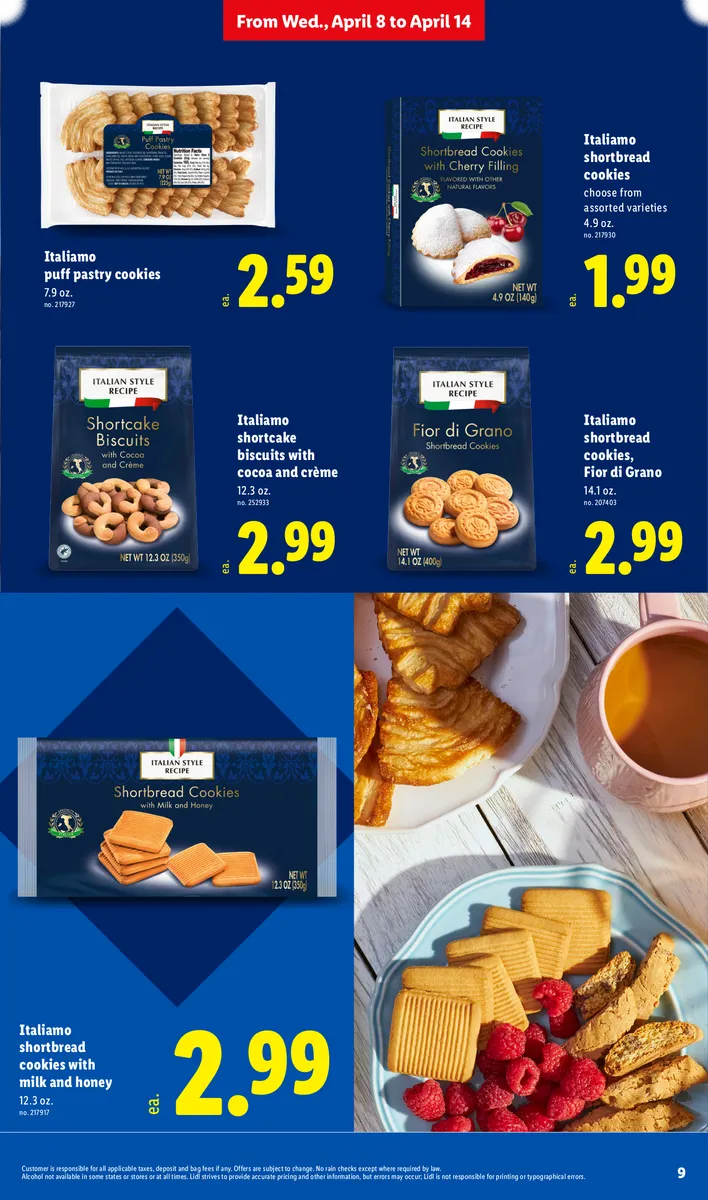 Italiamo shortbread cookies, biscuits, and puff pastry, with disclaimers.