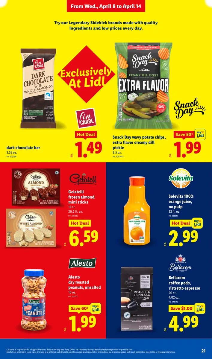 Savings on various Lidl exclusive brands, including chocolate, coffee, juice, and snacks.
