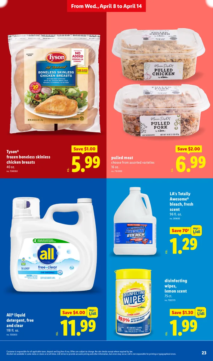 Savings on pulled meat, laundry detergent, bleach, disinfecting wipes, and frozen chicken breasts, with disclaimers.